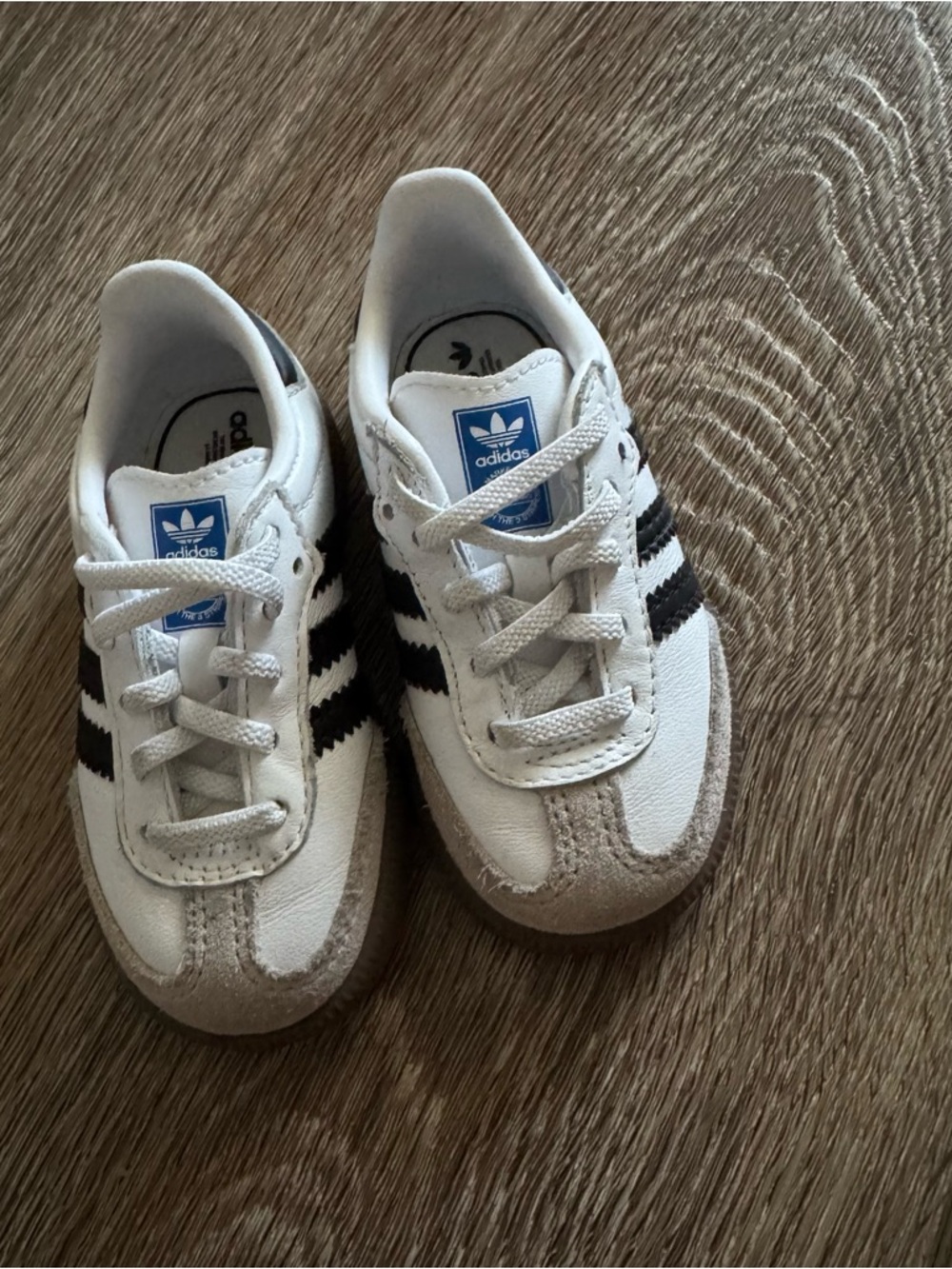 adidas Kids White Sneakers with Black Stripes and Gray Suede